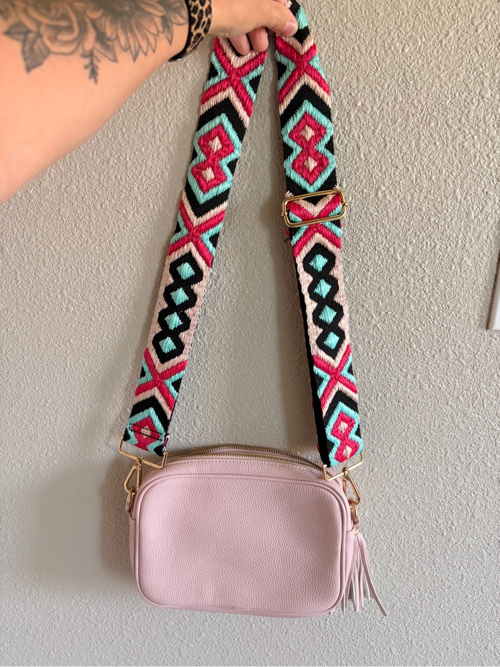 Light Pink Women's Crossbody Camera Bag with Colorful Woven Strap
